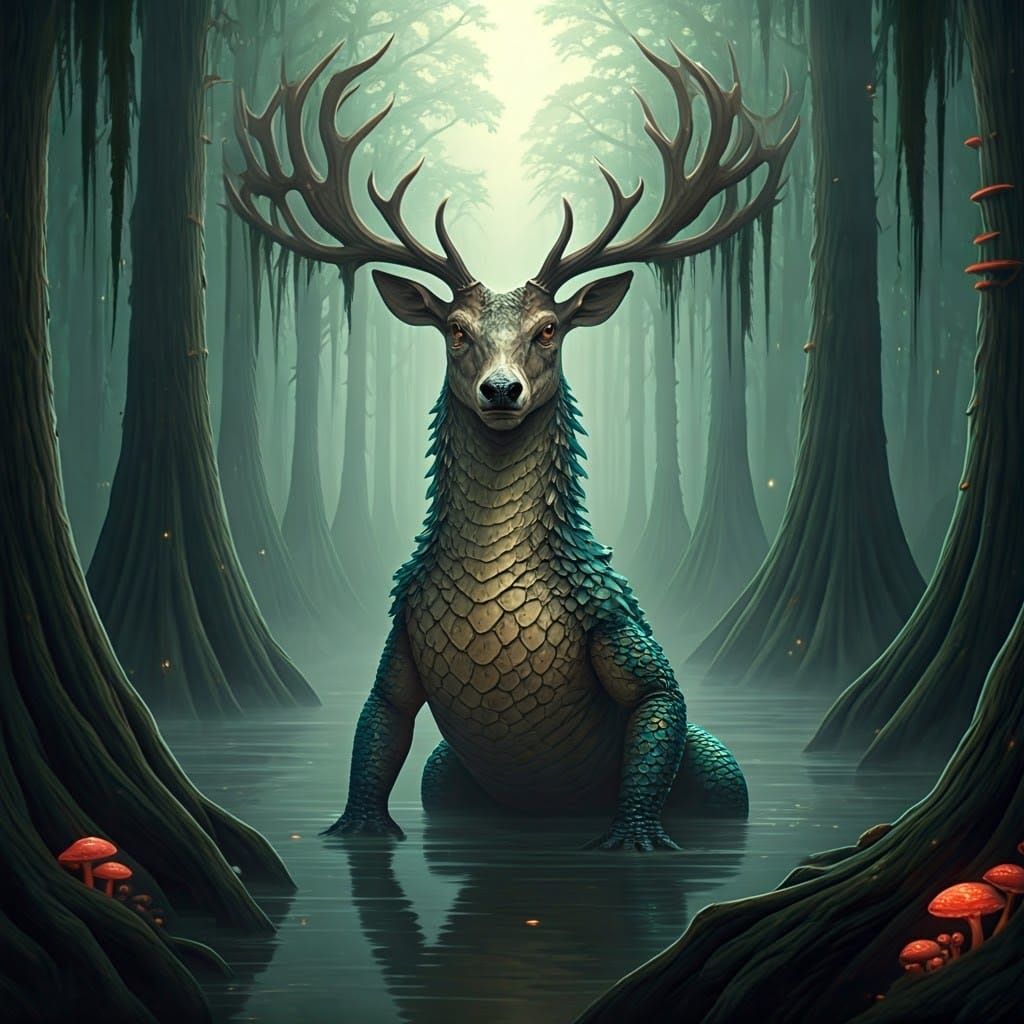 Majestic Swamp Creature with Crocodile and Elk Features