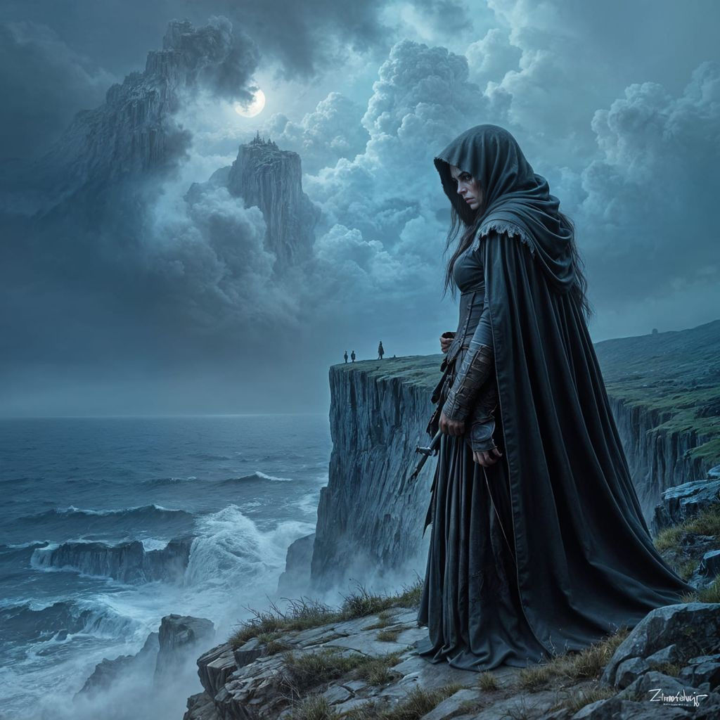 Lone Bandit on Windswept Cliff Overlooking Stormy Sea