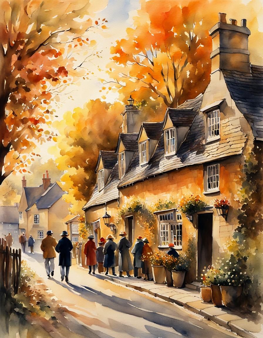 Autumn Cotswolds Village in Watercolor