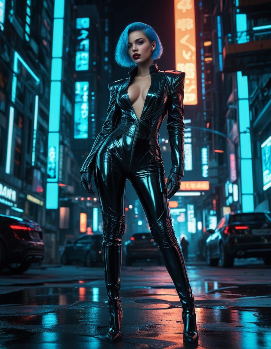 Seductive Cyberpunk Goddess in Neon Cityscape