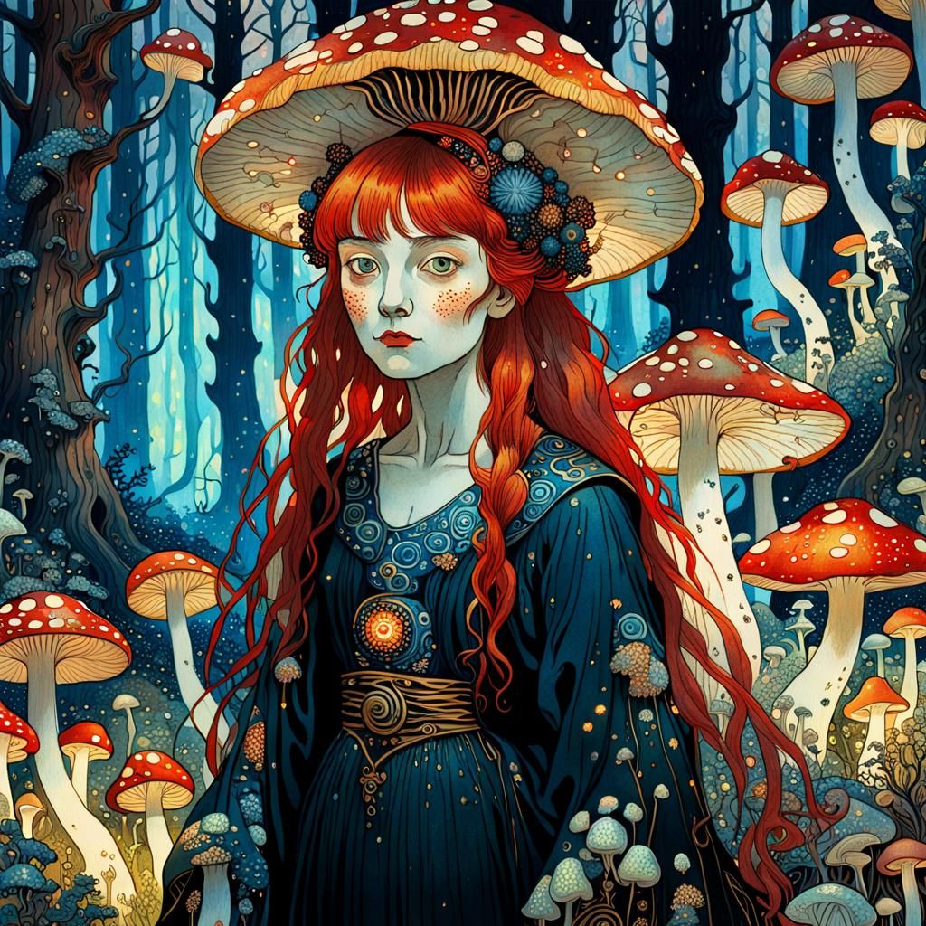 Mushroom Witch in Bioluminescent Forest, Ukiyo-e Impressioni...