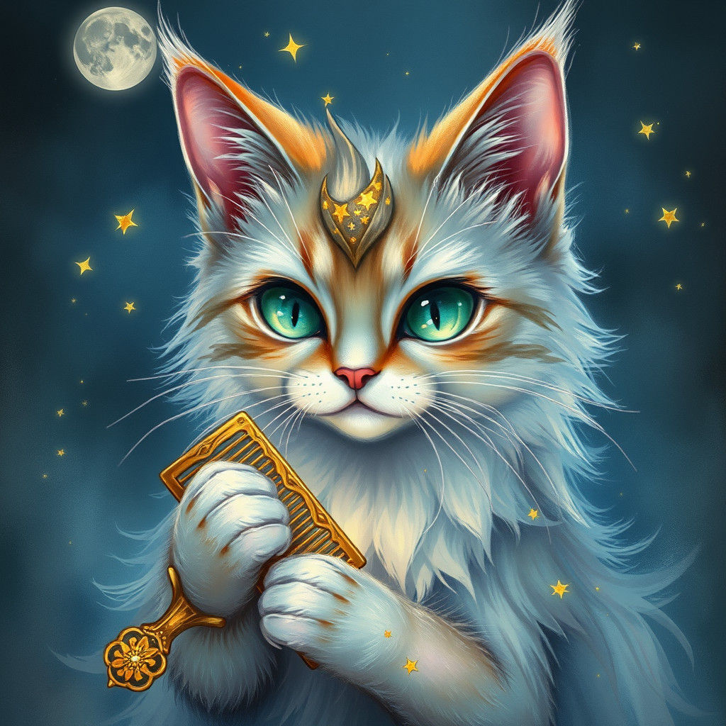 Whimsical Cat Grooming with Golden Comb