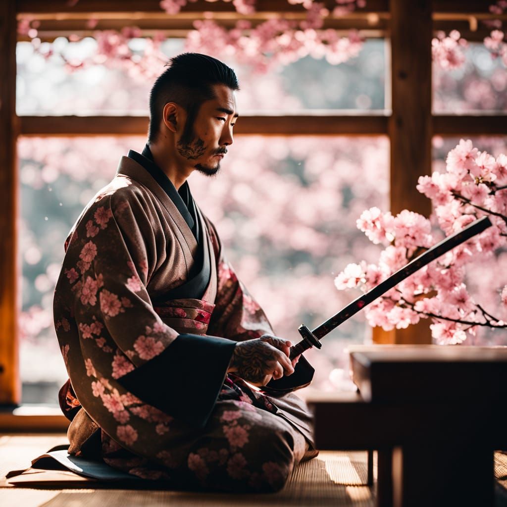 Heavily Tattooed Yakuza Enforcer in Traditional Japanese Tea...