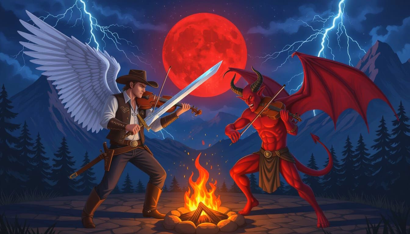 Cowboy and Demon Dance with Fiddles Under Red Moon