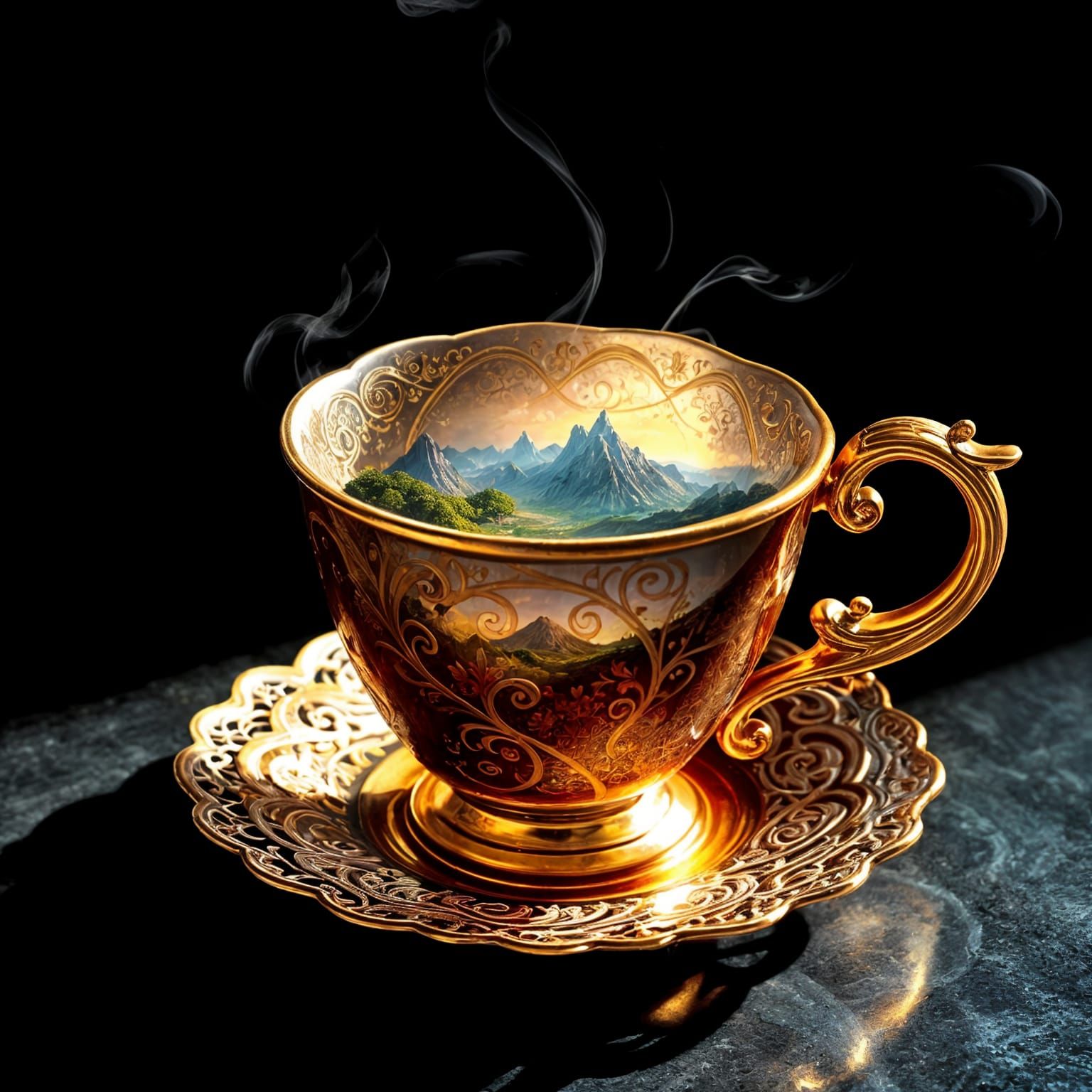 Vibrant Café Mug Reflects Whimsical Landscape and Aroma