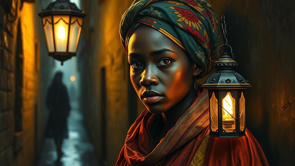 African Woman in Alleyway, Oil Painting Style