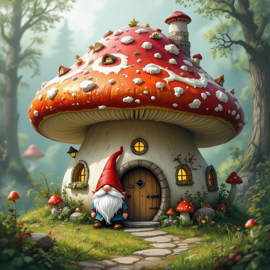 Gnome Village Inside Giant Mushroom, Storybook Illustration
