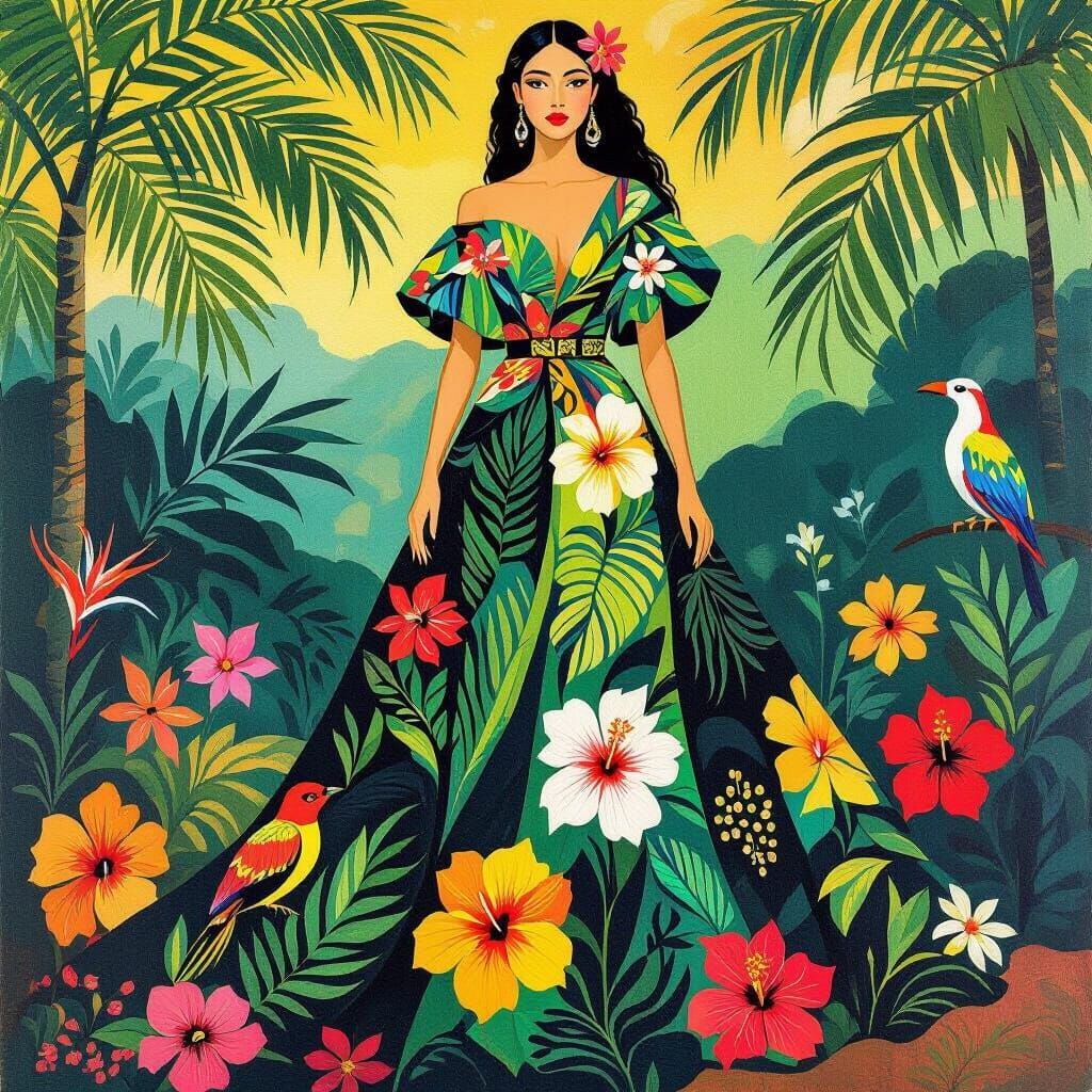 Lush Gown with Exotic Flora and Fauna