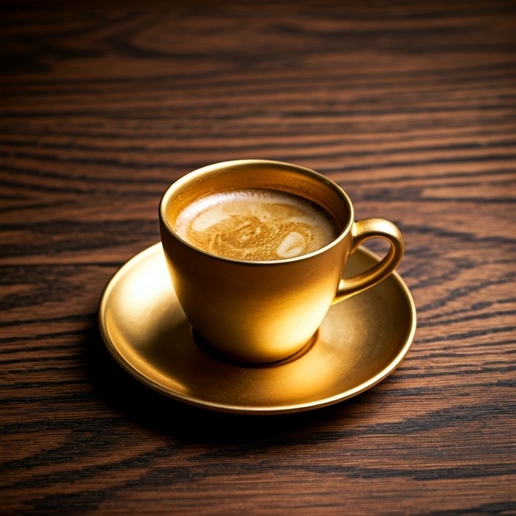 Cup of Golden Coffee on Wooden Table