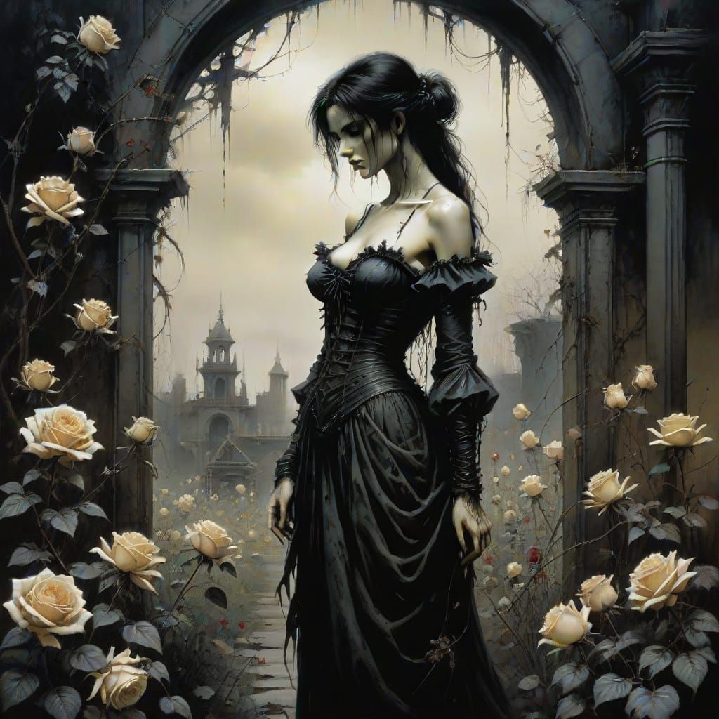 Melancholic Woman in Neglected Garden with Withered Roses