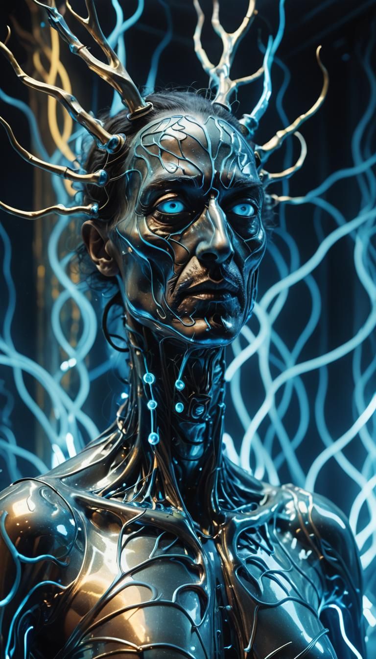 Surreal Metallic Creature in Dreamlike Setting