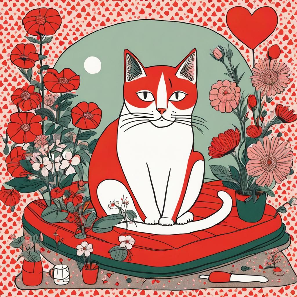 Cat with Flowers and Heart Lights in Street Art Style