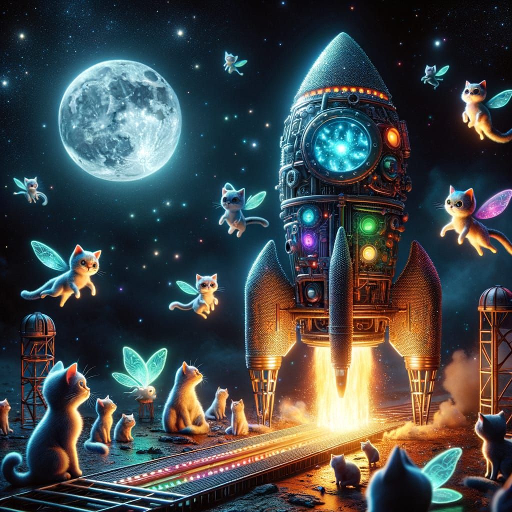 Cat Rocketship Launching into Space: Digital Illustration