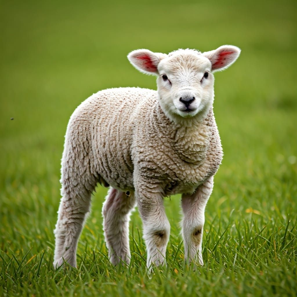 Timid Lamb in Meadow, Whimsical Illustration