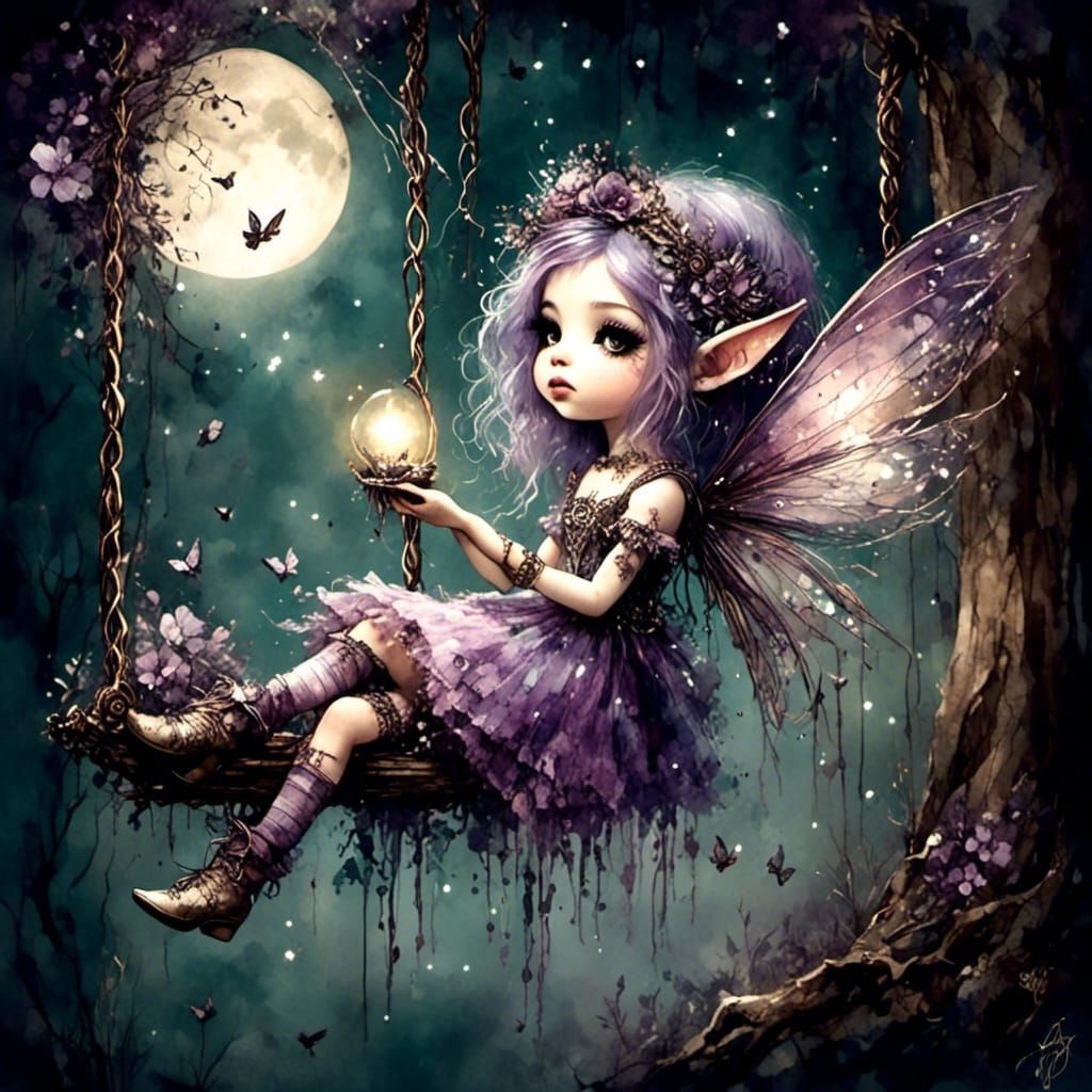 Chibi Pixie in Magical Forest, Antique Watercolor Style