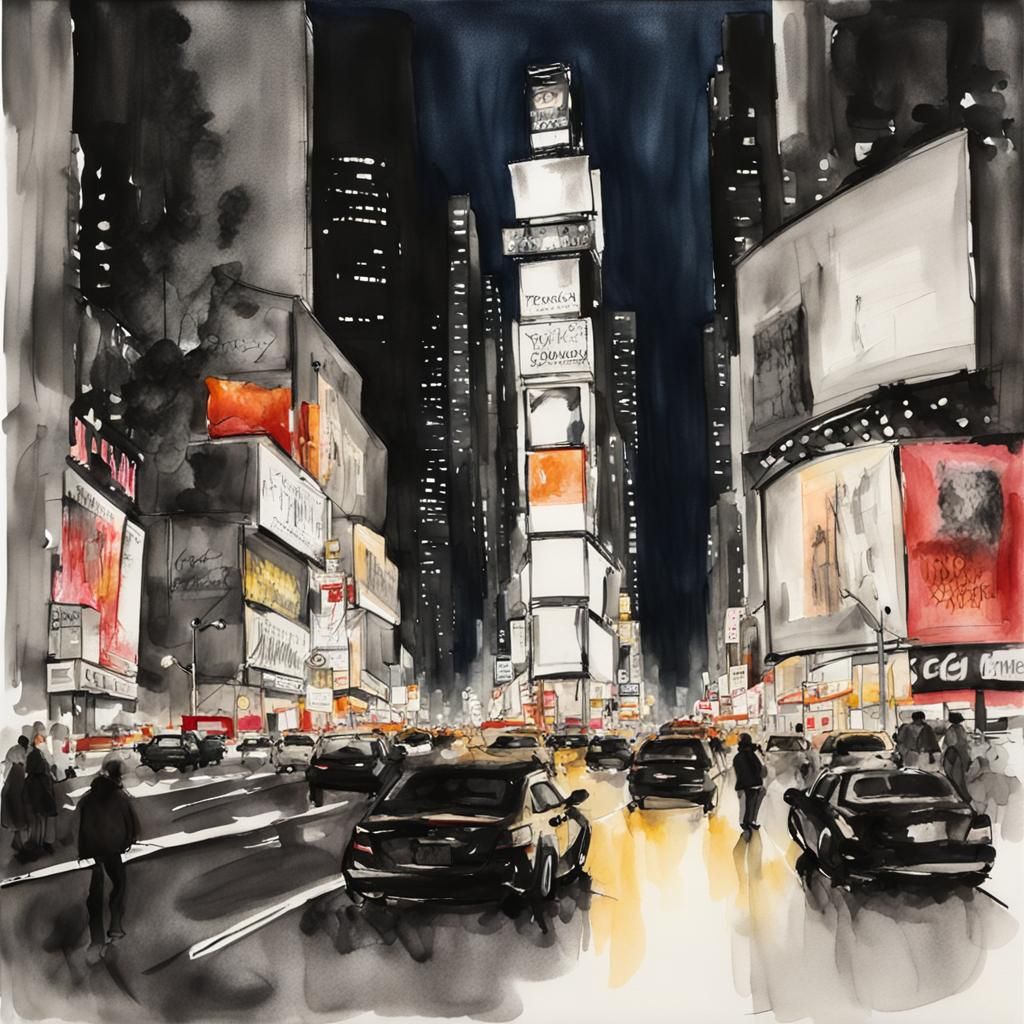 Times Square at Night: Ink Wash Painting