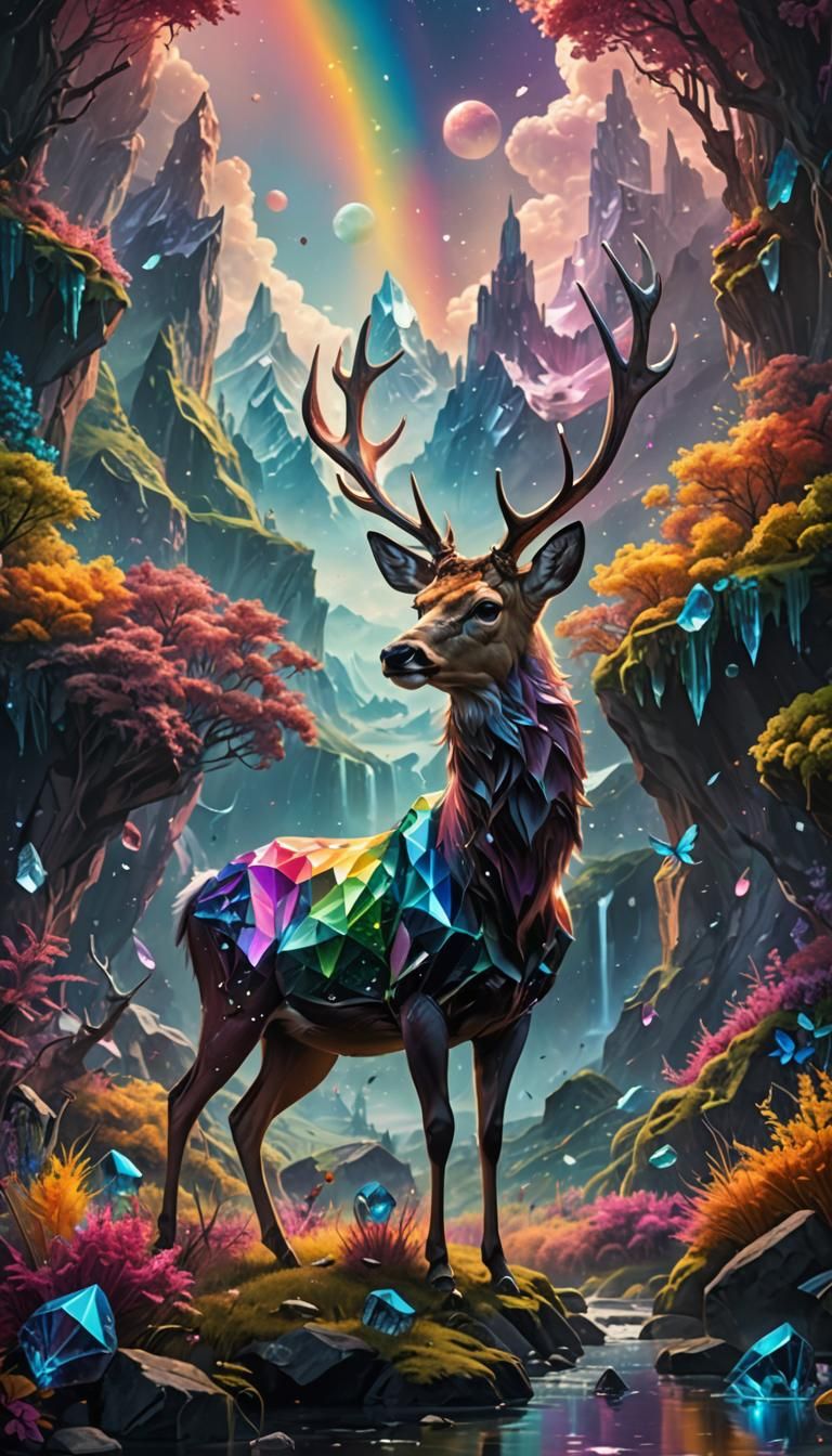 Rainbow Crystal Deer in Flight: Digital Matte Painting