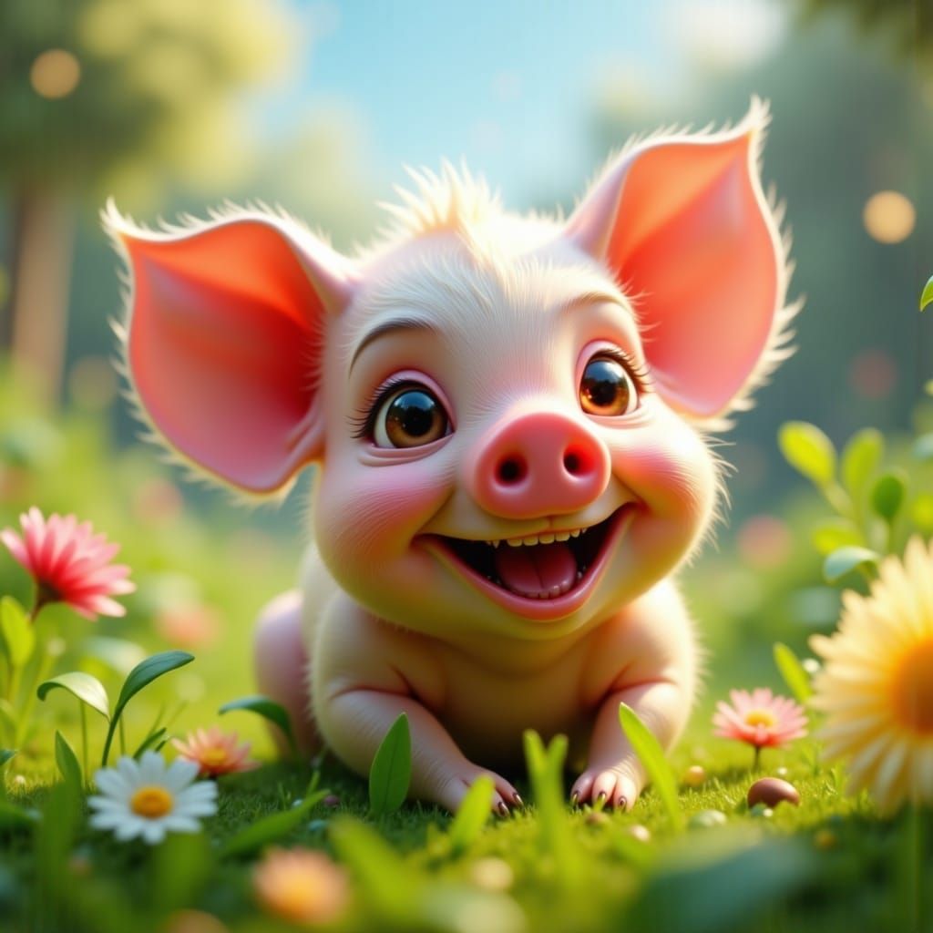 Happy Pig Rolling in Clover Cartoon CGI Art