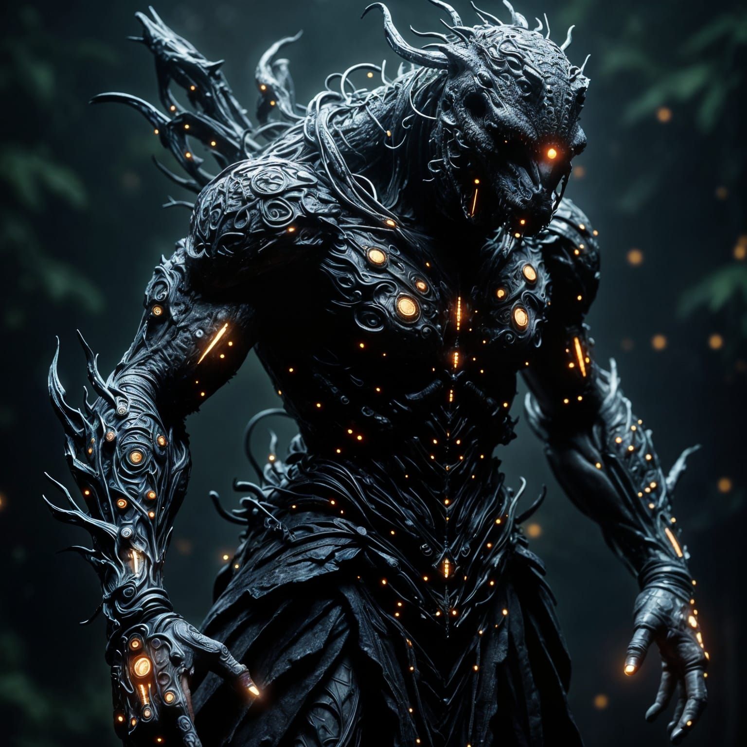 Stegosaurus with Glowing Runes in Dark Jungle