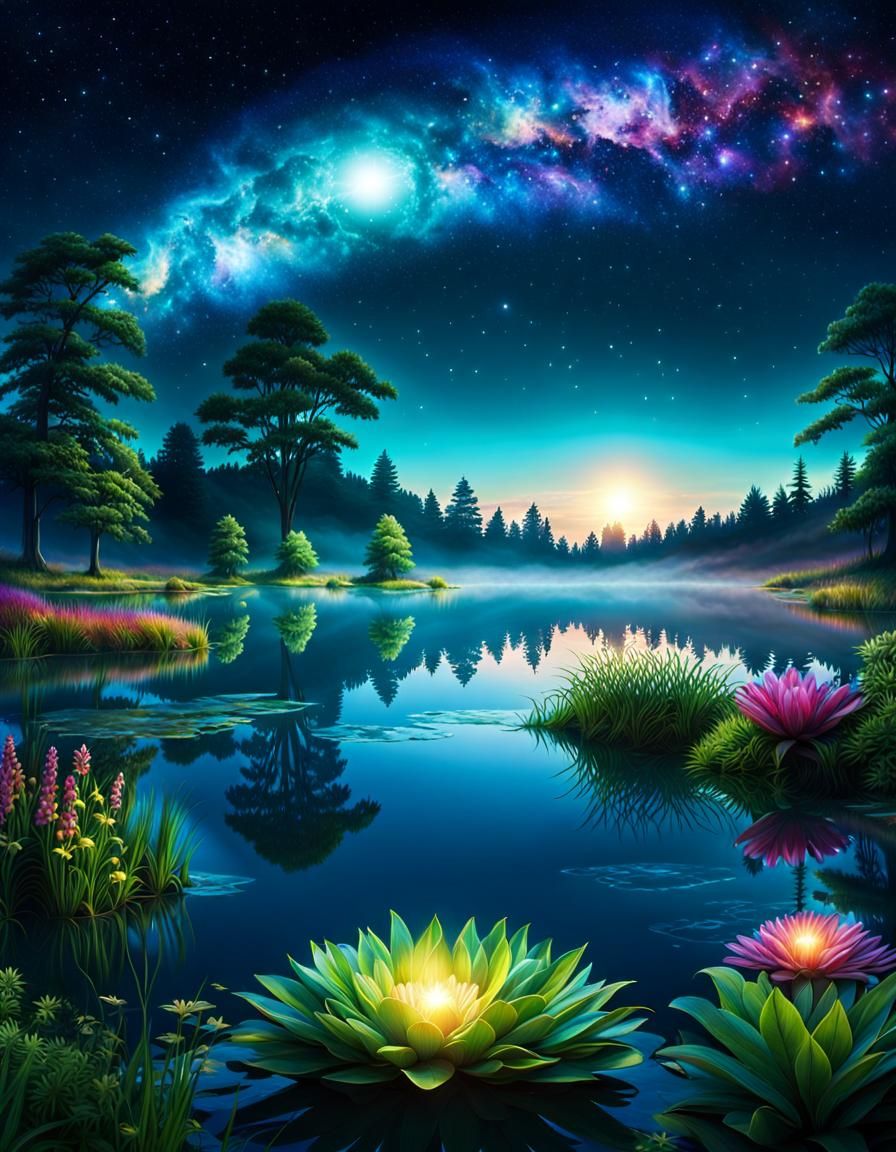 Translucent Night Landscape with Galaxy and Alien Plants