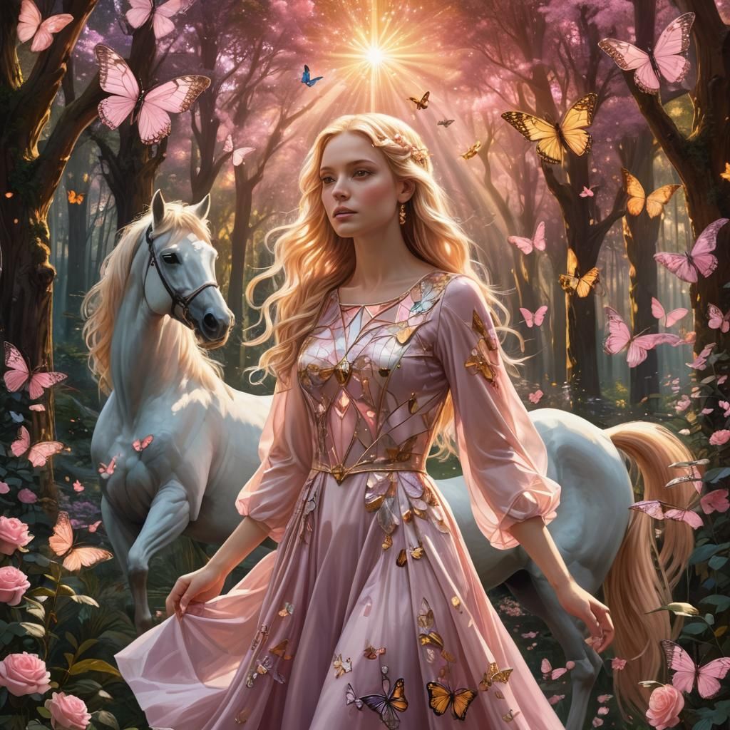 Girl in Rose Quartz Dress with Butterflies