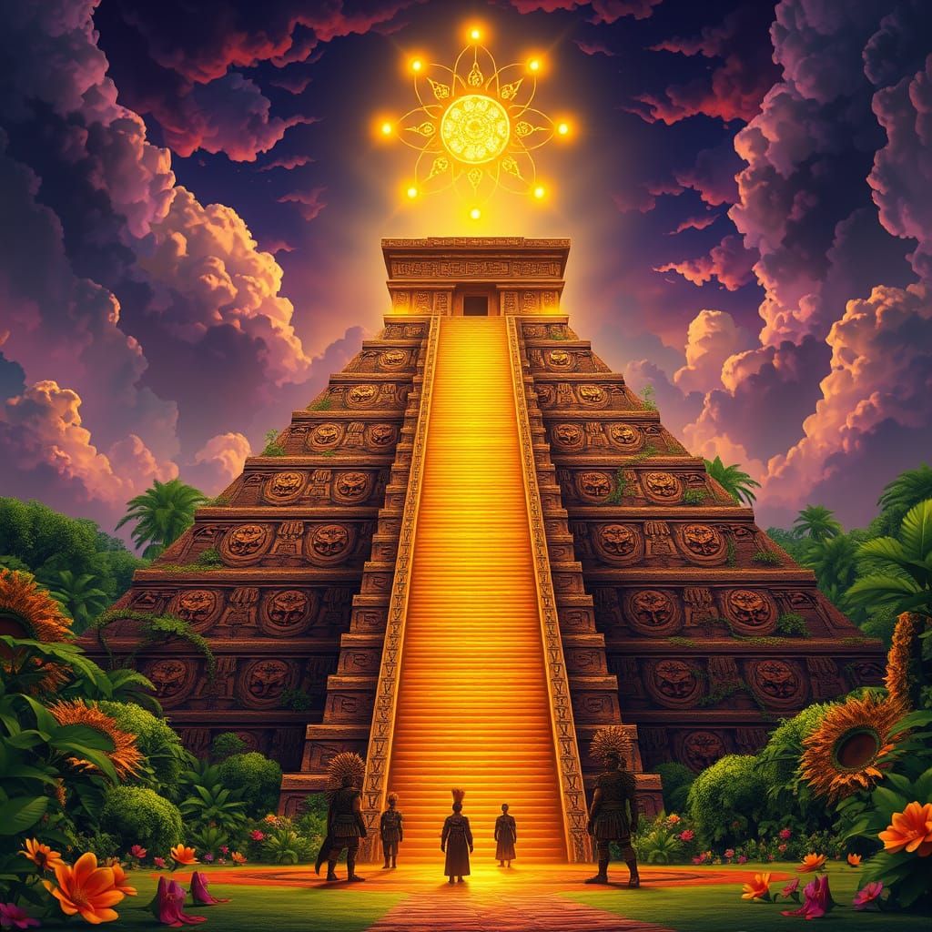 Ancient Aztec Pyramid in Futuristic Jungle Landscape