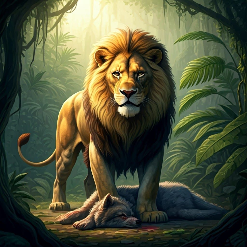Majestic Lion Triumphs Over Defeated Wolf in Vibrant Jungle ...