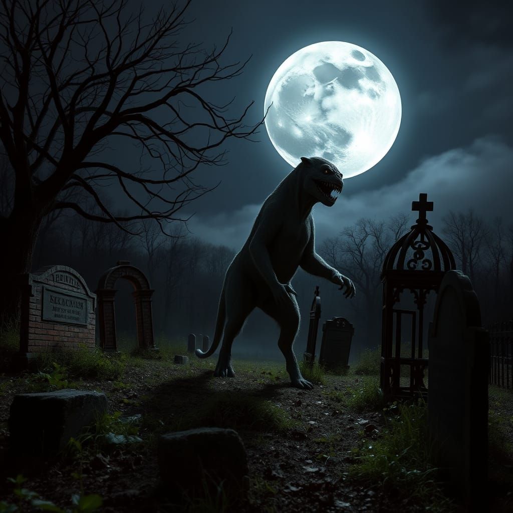 Chupacabra in Haunted Cemetery Under Moon