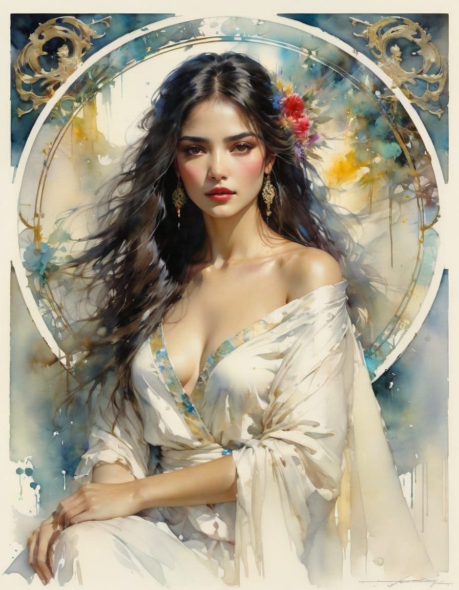 Beautiful Latina Woman in Watercolor Painting Style