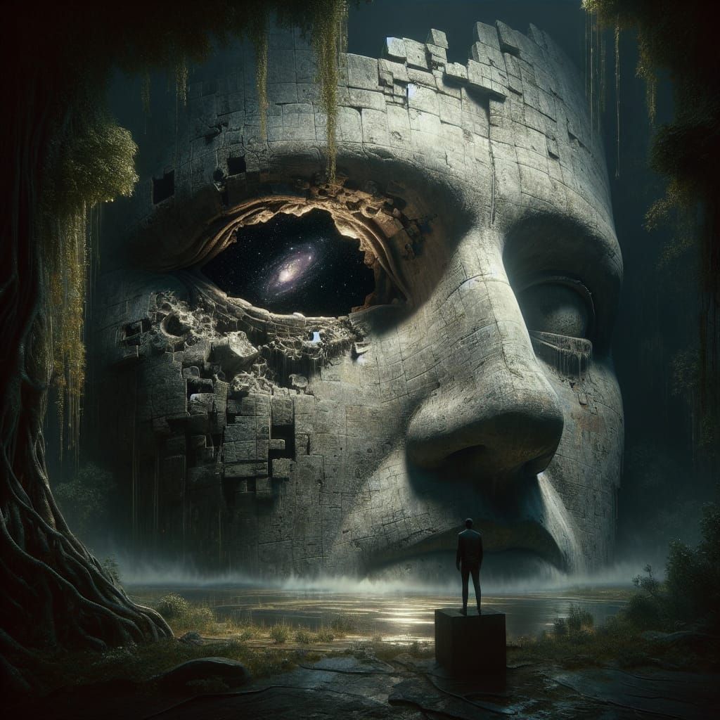 Monumental Head Sculpture with Dark Fog Eyes