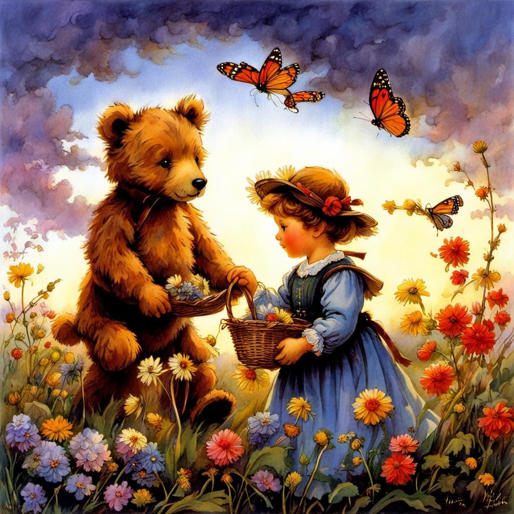 Teddy Bear Family Picking Flowers at Dusk