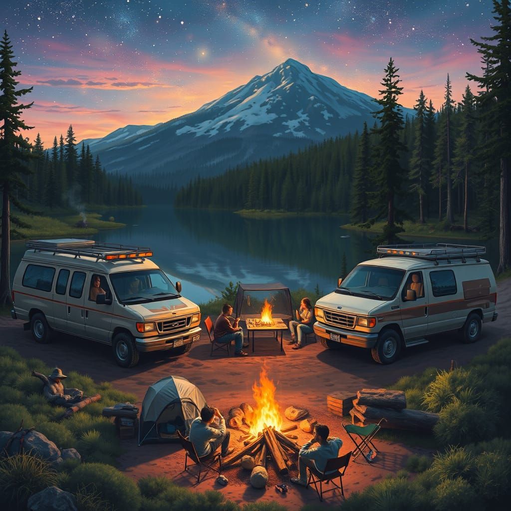 Camping Vans at Serene Lake Under Starry Sky
