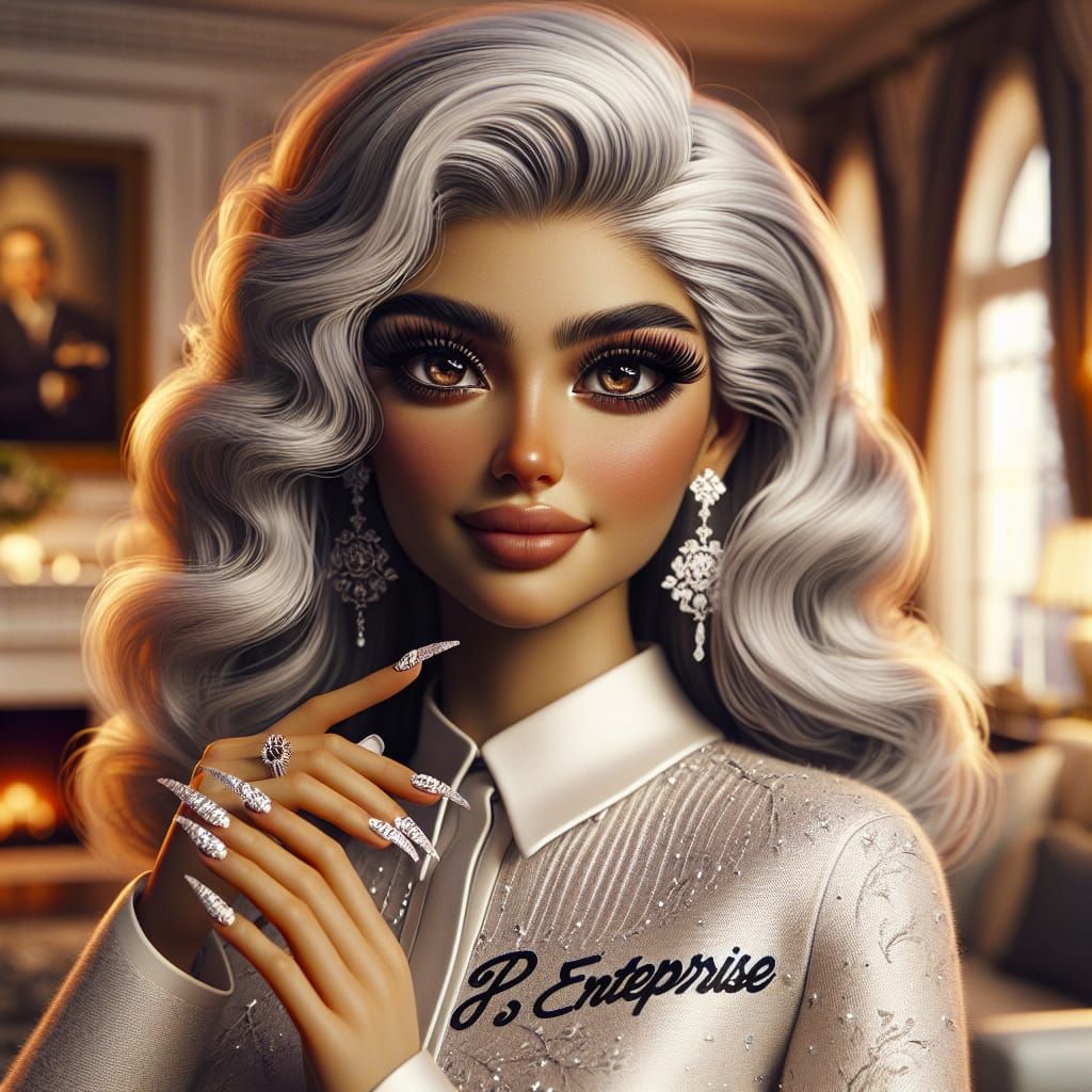 Indian Woman with Voluminous White Hair, Detailed Matte Pain...