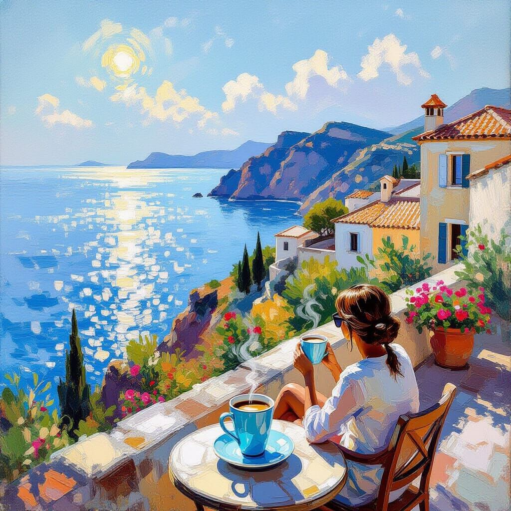 Mediterranean Villa Coffee View in Impressionistic Style