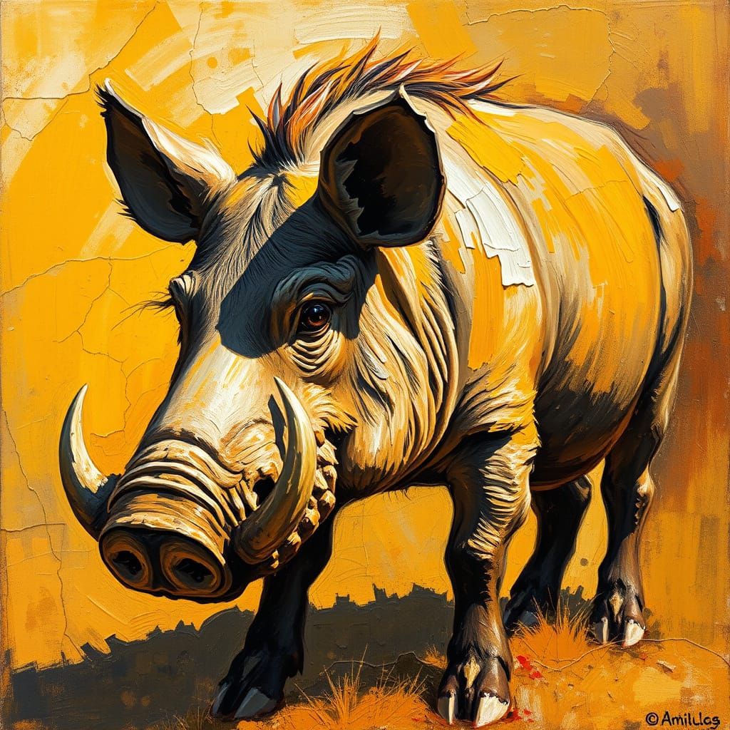 Warthog in Golden Light as Impasto Oil Painting