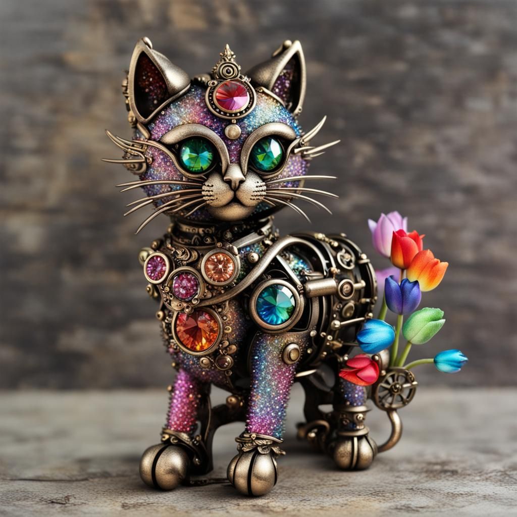 Jewel Kitten on Tulip with Steampunk Engine