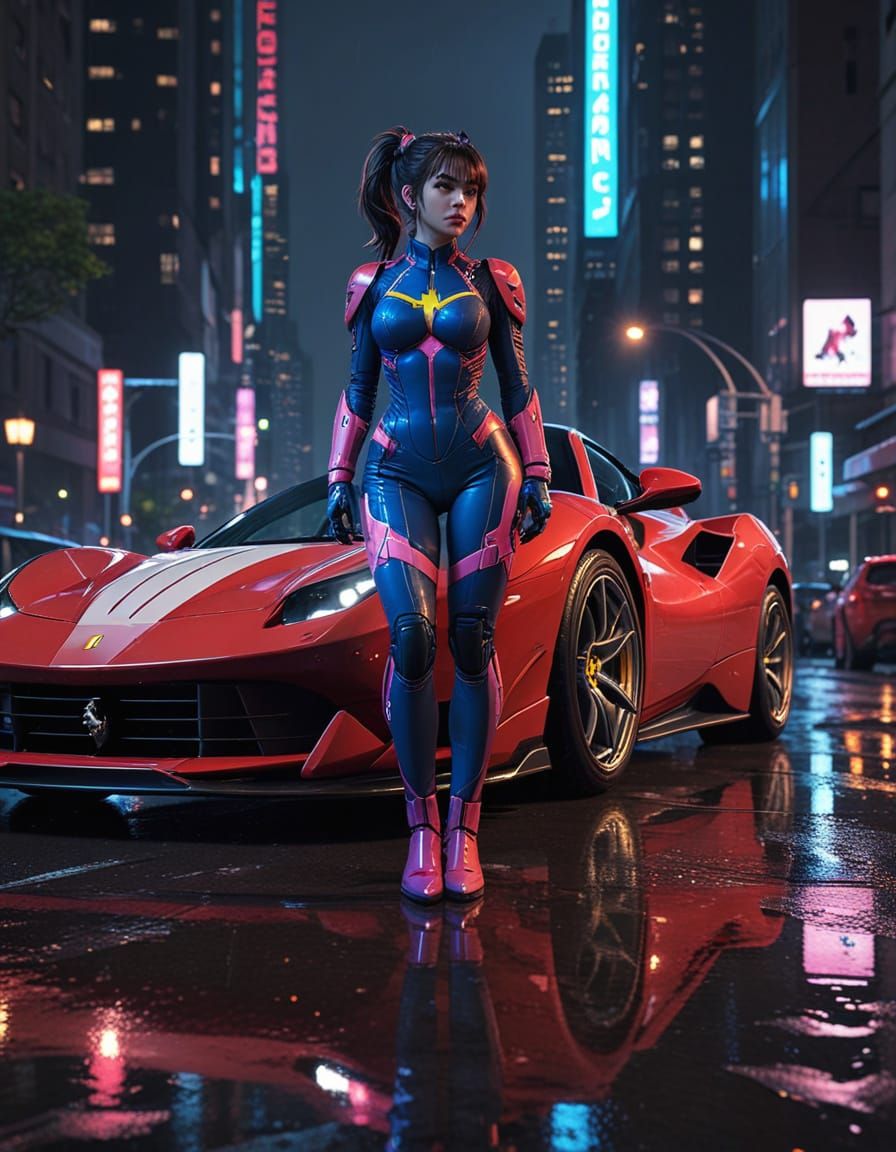 D.Va in Gotham City with Ferrari: Anime Art
