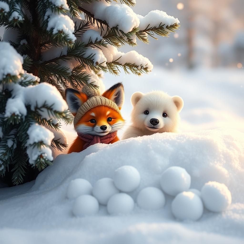 Fox and Bear Cubs in Winter Wonderland
