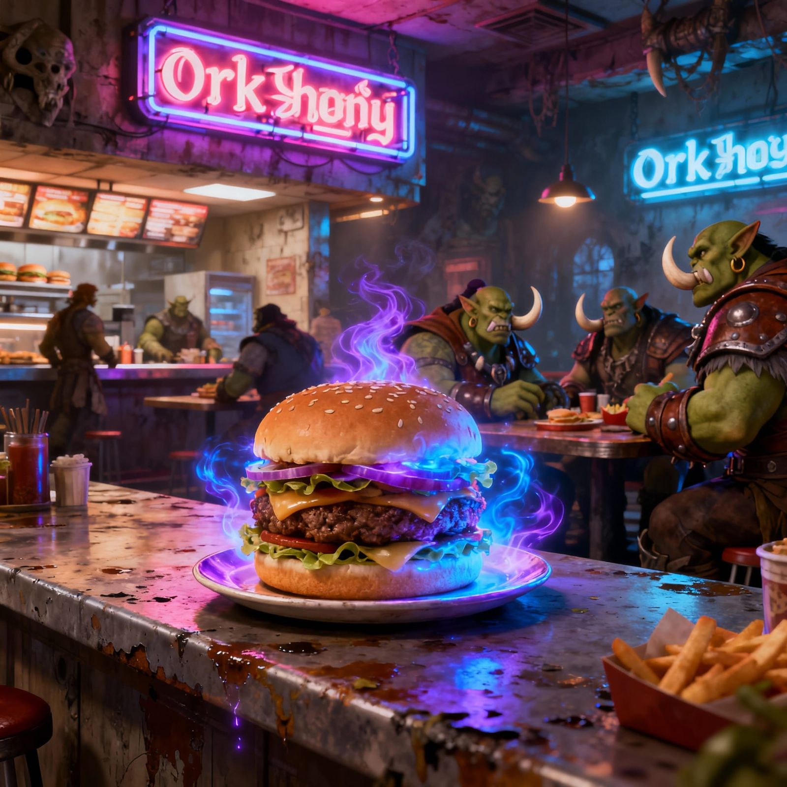 Magical Hamburger in Orc Fast Food Restaurant 3D Anime Art