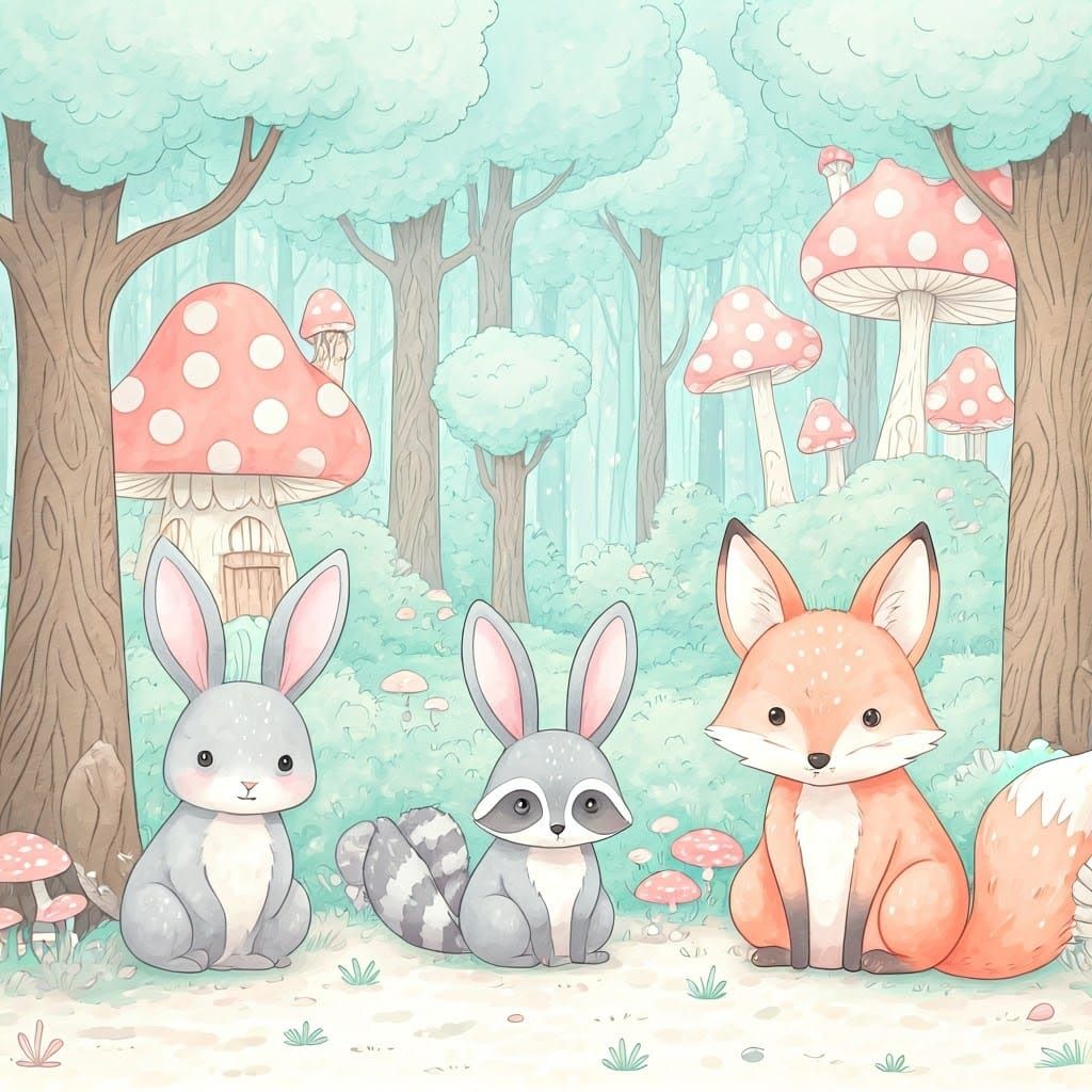 Pastel Kawaii Animals in Whimsical Forest