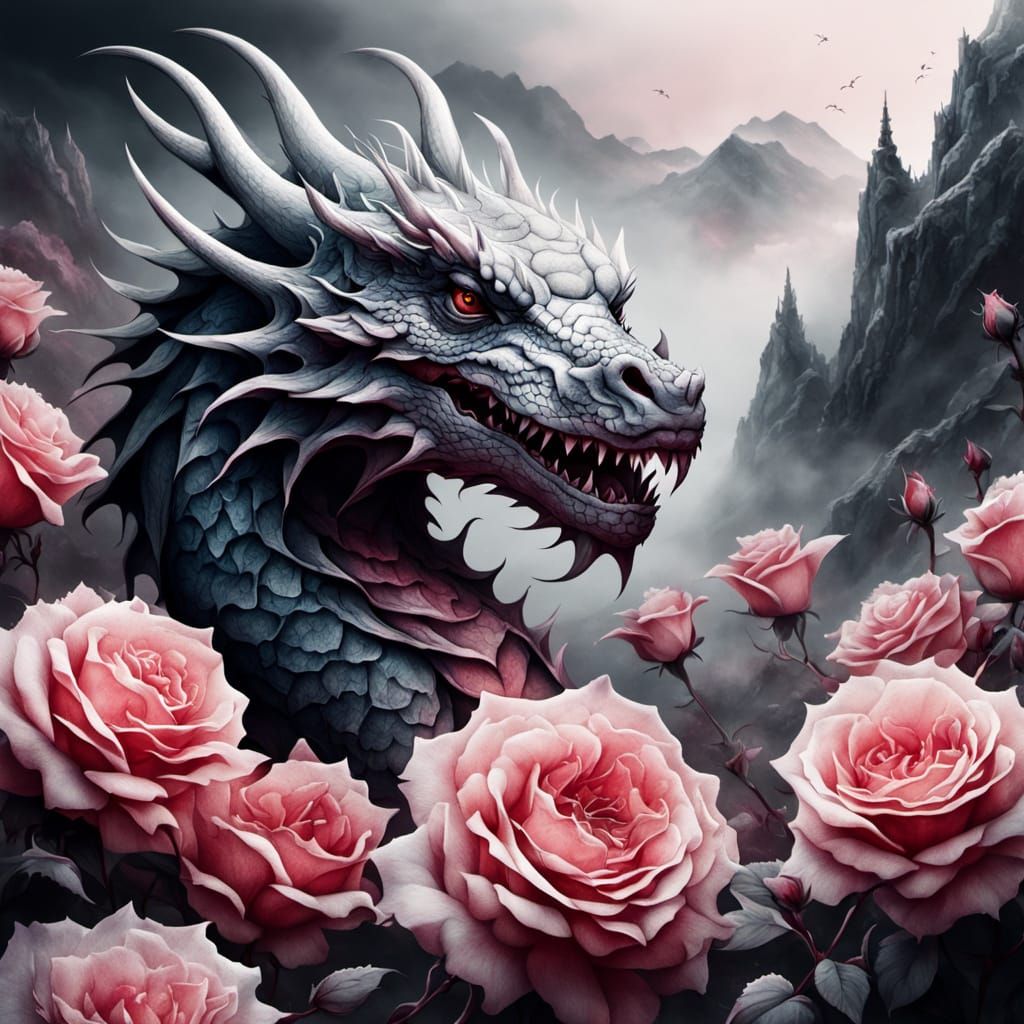 Fierce Dragon in Rose Mountain: Surreal Ink Illustration