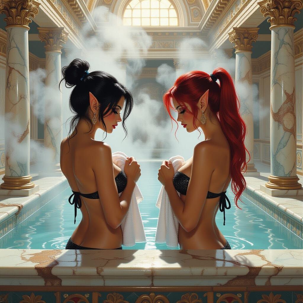 Elf Women Drying Off in Roman Baths Oil Painting