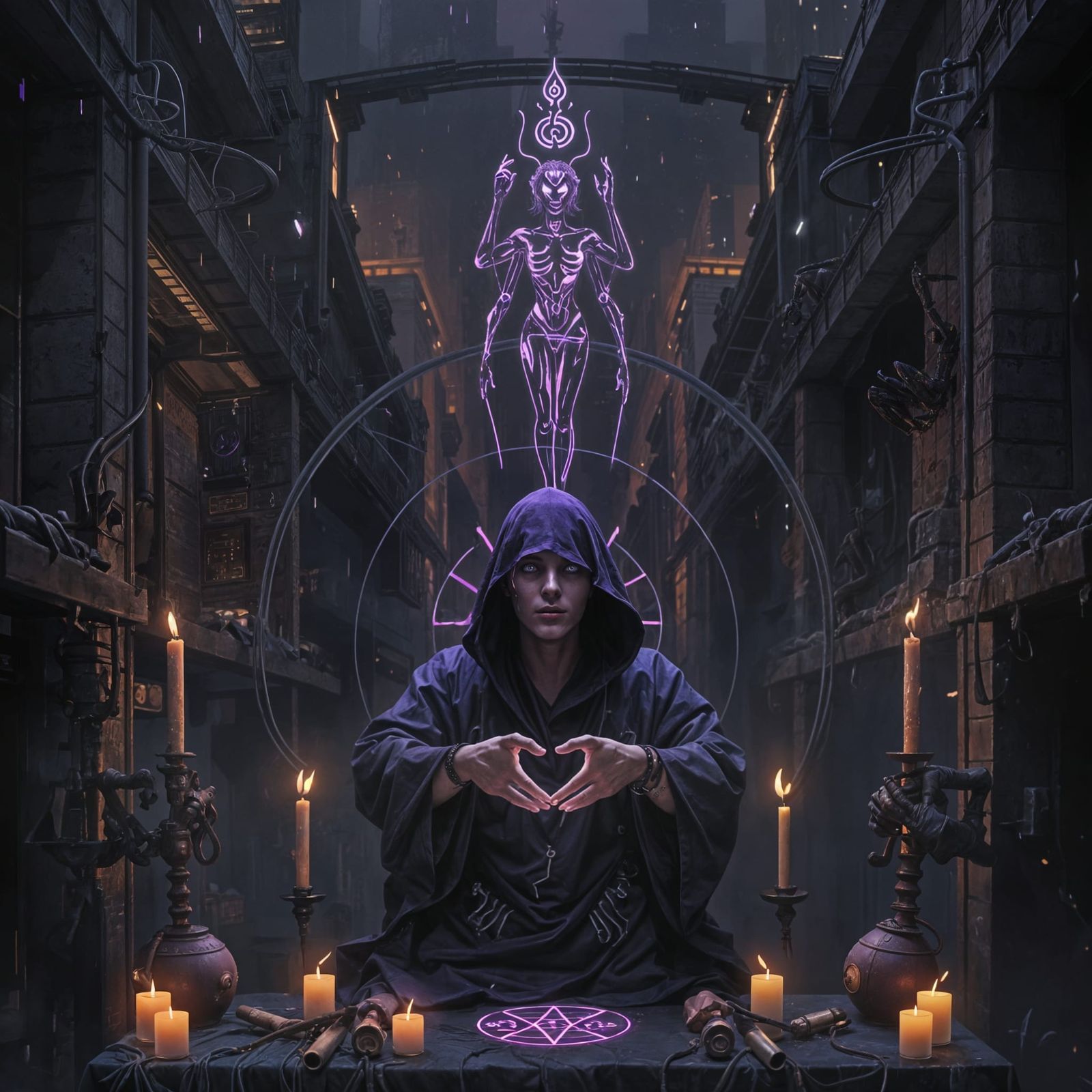 Cyberpunk Cultists Summoning Eldritch Goddess