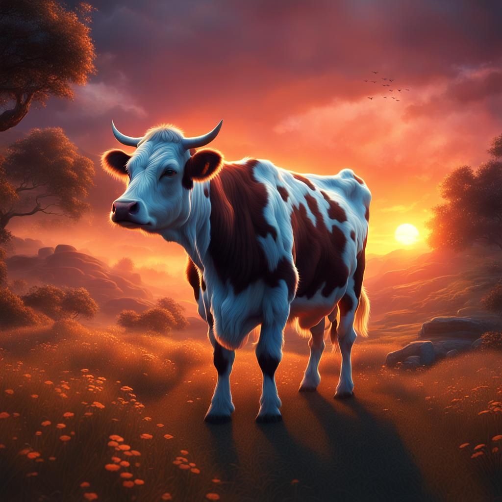 Fluffy Cow at Sunset: Detailed Matte Painting
