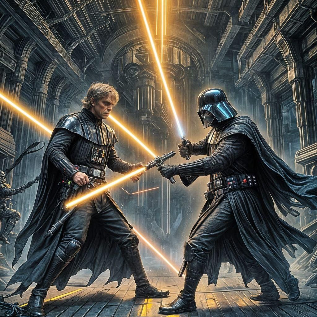 Epic Father-Son Battle in Biopunk Style