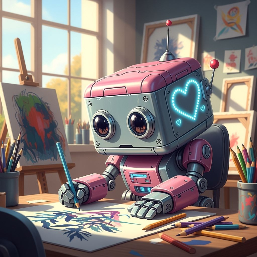 Cute Pink Robot Drawing in Sunny Art Studio