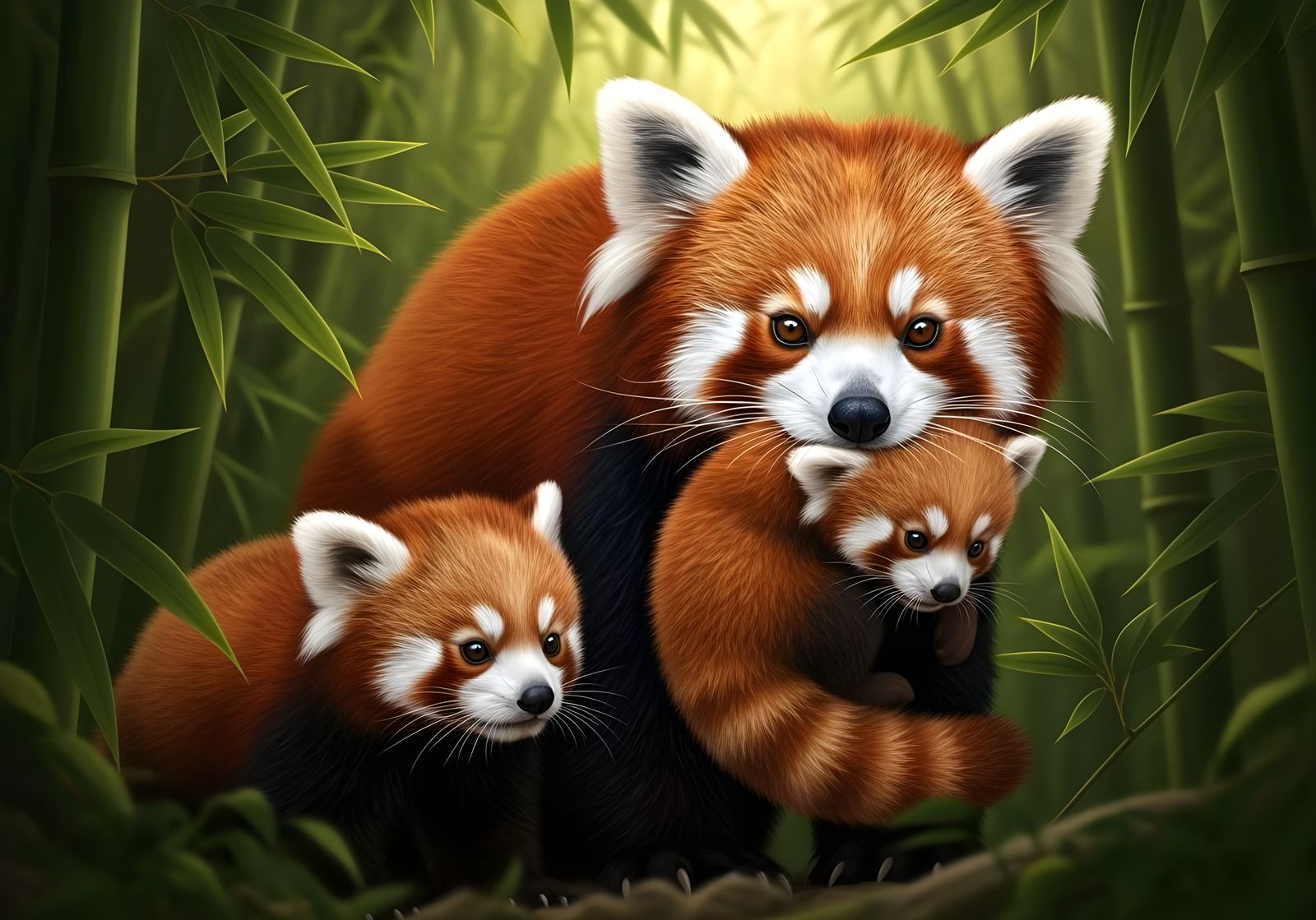 Red Panda Mother and Kits in Bamboo Grove