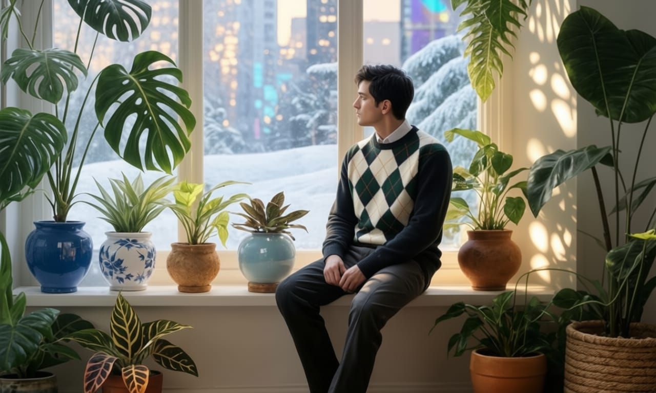 Man Relaxing Amidst Lush Tropical Houseplants