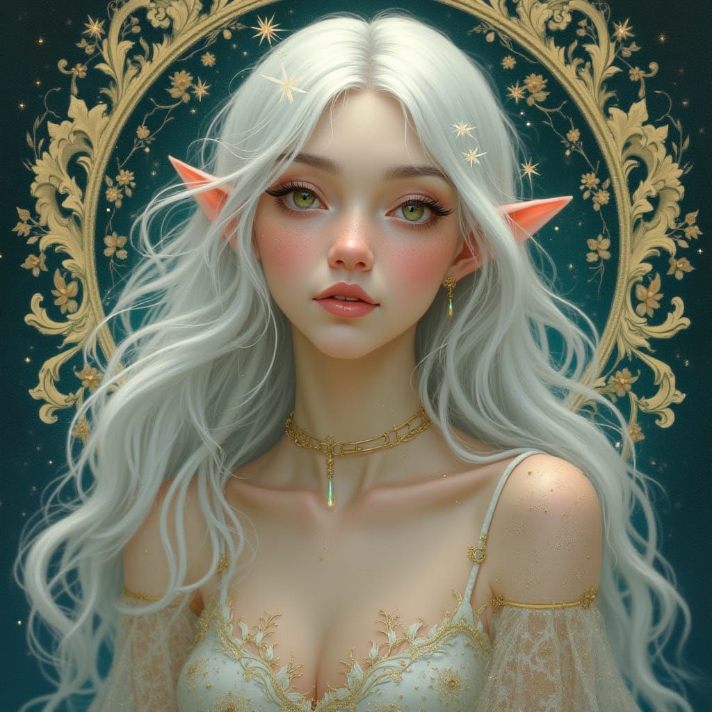 Ethereal Elven Queen Portrait in Art Nouveau Style