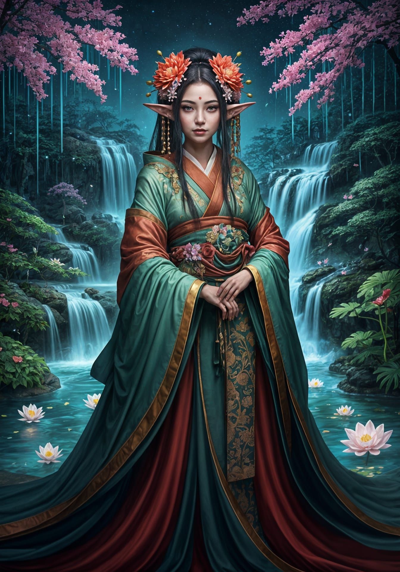Elf Geisha in Bioluminescent Zen Garden